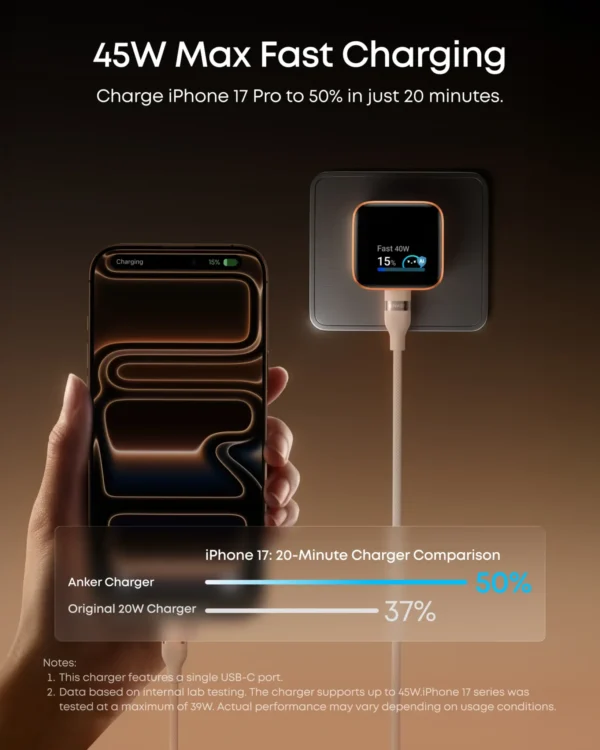 Anker Nano Charger 45W, Smart Display, 180° Foldable 3